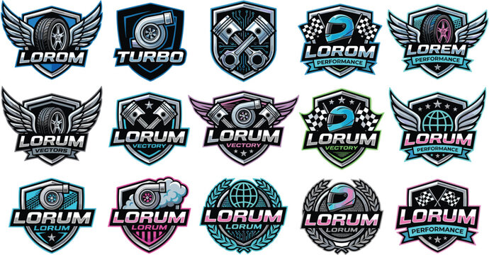 Automotive racing badge and emblem logo set featuring shields turbochargers pistons tires wings helmets and checkered flags vector graphics.