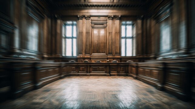 Dreamlike blurred image of empty trial room with silent ambiance, faded wood grain textures and symmetrical legal layout
