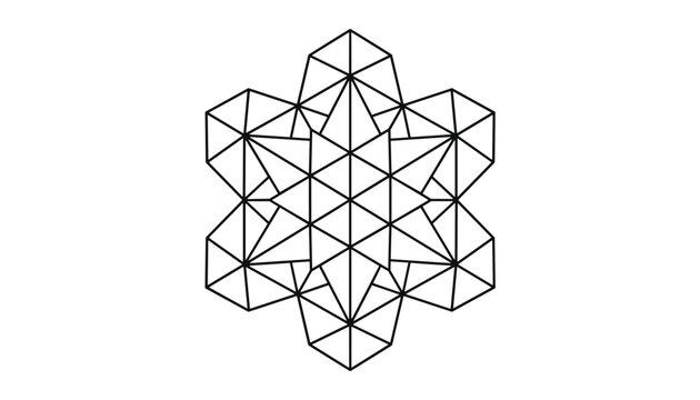 Intricate complex geometric line art mandala shaped like a symmetrical snowflake or star with triangles and hexagons.