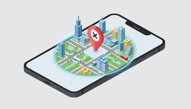 Modern smartphone displaying an isometric 3D city map with a red pin pointer mark to show GPS location tracking.