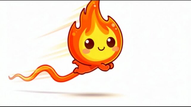 Smiling cartoon fire character running fast.
