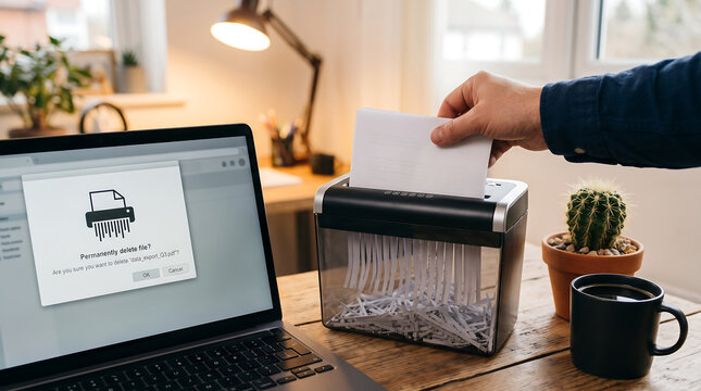Person shredding important paper documents with an electric shredder machine at a wooden desk near a laptop showing a permanently delete file confirmation message in a home office