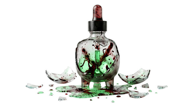 Broken glass apothecary bottle with green liquid
