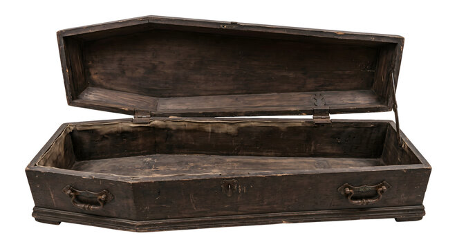 Open antique wooden coffin with lining