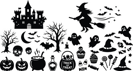 Fototapeta premium Helloween day collection spooky castle witch ghosts and pumpkin elements vector