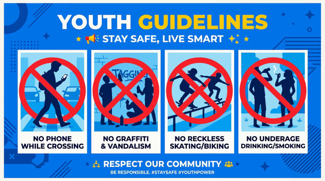 Youth guidelines poster, safety rules vector infographic