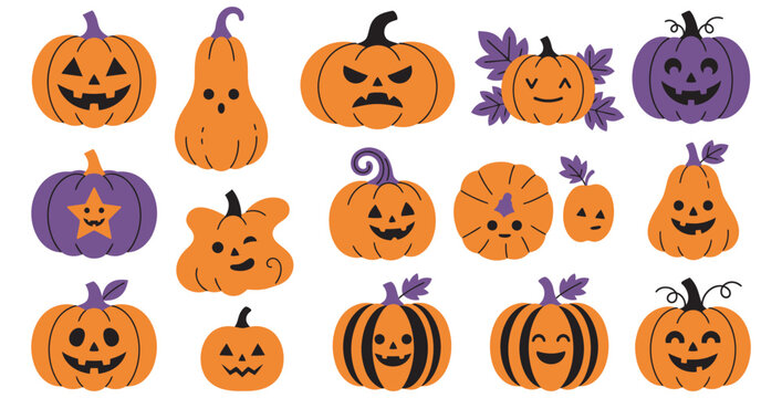 A collection of cheerful and spooky Halloween pumpkins with various funny faces on transparent background