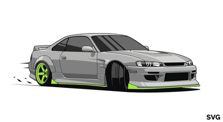 Grey performance sports car with neon green wheels drifting © doung