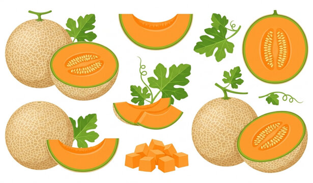 Cantaloupe melon vector illustration with whole half and sliced fruit isolated on white background