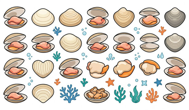 Premium clam vector pack with seafood shell elements isolated on white background