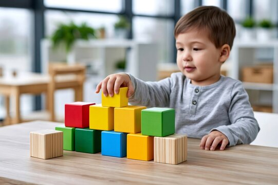 Toddler playing building wooden blocks at home