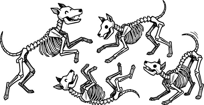 Playful Cartoon Dog Skeletons Set in Hand Drawn Doodle Style