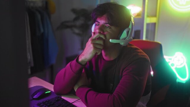 Man wearing headset clasps hands under chin at gaming studio desk with keyboard, mouse and neon controller sign; quiet contemplation.