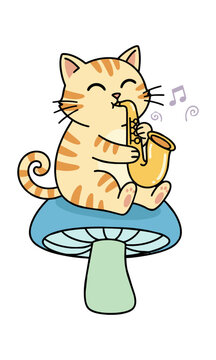 Ginger tabby cat playing a golden saxophone sitting on a blue mushroom whimsical cartoon character