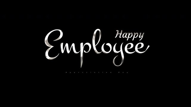 Silver script typography for a happy employee message in monochrome design, suitable for graphic art labels and motivational posters.
