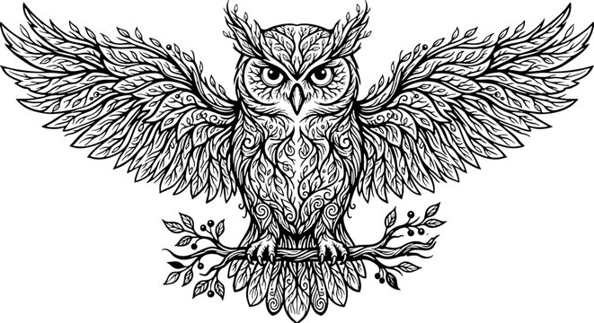 Ornate owl line art illustration with spread wings on a branch