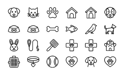 Fototapeta premium Minimal Thin Line Pet Icon Set with Dog Cat Paw Veterinary and Pet Care Symbols