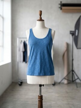 Blue Tank Top on Mannequin in a Bright Studio Setting.