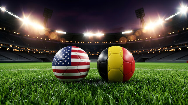 USA and Belgium Flag Soccer Balls Side by Side on Grass Pitch in Large Illuminated Stadium at Night