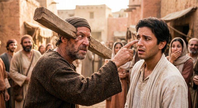A man with a huge wooden beam in his own eye is angrily pointing at another man, trying to remove a tiny splinter. Bible story.	