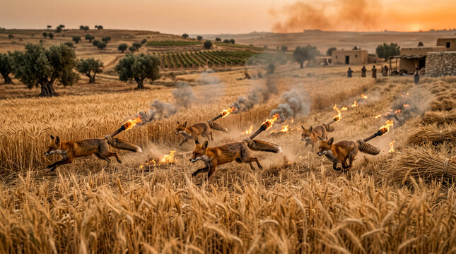 Several foxes run through ripe grain fields with burning tails.