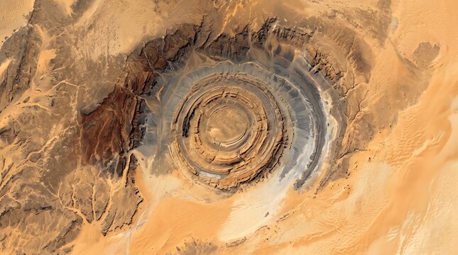 True-color satellite view of the Eye of the Sahara revealing its massive concentric rings, ancient rock formations, and surrounding desert landscape.