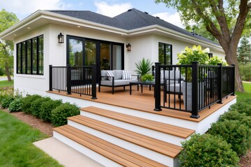Fototapeta premium Modern outdoor deck with furniture and black railings