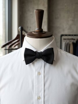 Close-up of a black bow tie on a white dress shirt displayed on a mannequin.