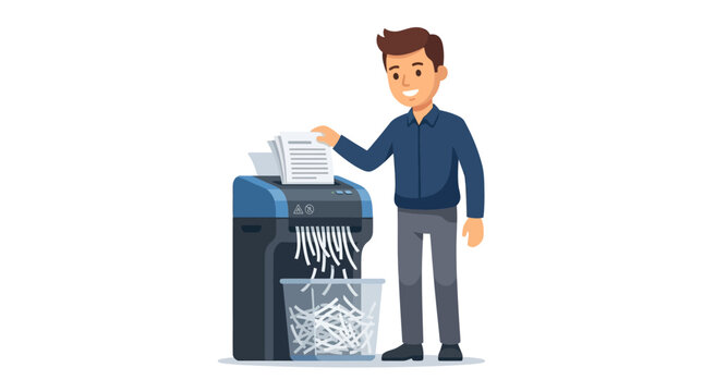 A professional man using an office paper shredder to destroy sensitive documents.