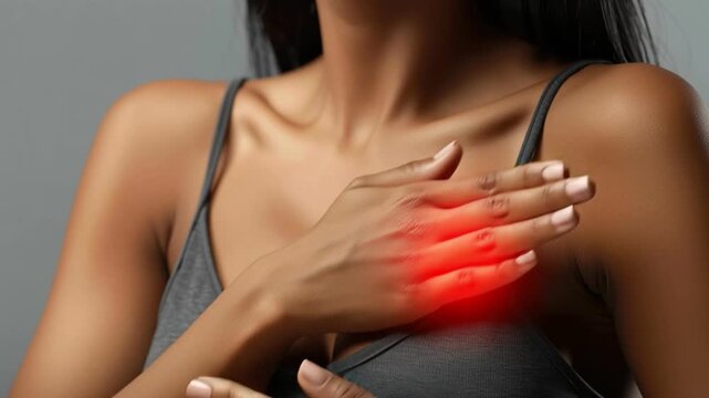 Woman holding chest pain and breast discomfort with hand on chest showing female health concern and upper body pain highlighted in red
