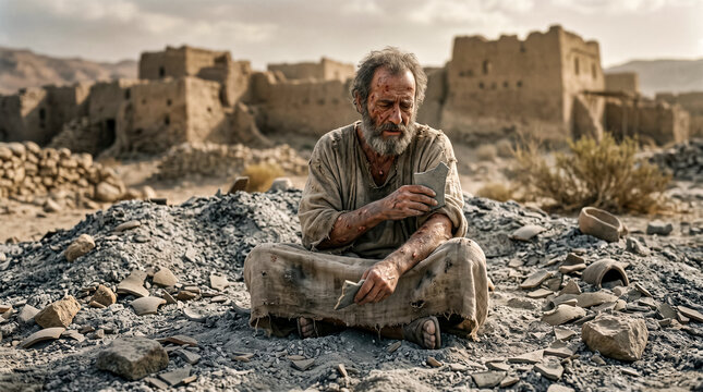 Old biblical Job sitting on ground with sores all over his body.