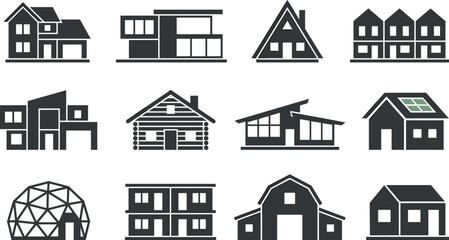 Vector black icon set of various house architectural styles featuring modern villa cabin geodesic dome barn townhouse apartment and suburban home © Khairul