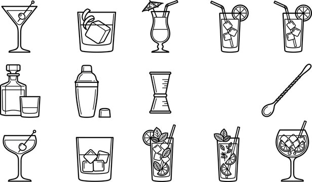 Vector outline icon set of cocktail drinks and bartending tools featuring martini glass whiskey decanter shaker jigger mojito and bar spoon