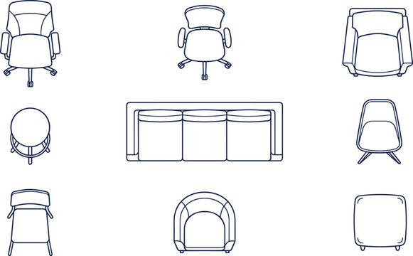 Vector outline architectural floor plan icon set for interior design featuring top view furniture sofa armchairs office chairs stool and ottoman
