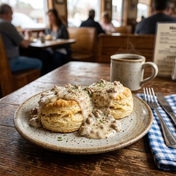 Delicious Biscuits and Gravy with Coffee on a Rustic Table in a Cozy Restaurant.
