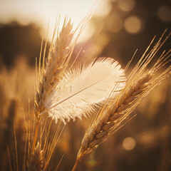 Fototapeta premium Soft feather resting on wheat in golden light