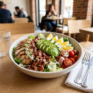 Delicious Cobb Salad with Grilled Chicken, Avocado, Bacon, and Eggs in a Restaurant Setting.