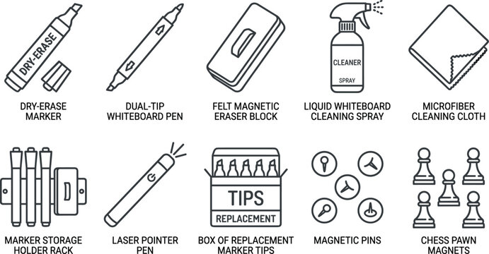 Vector outline icon set of whiteboard accessories and presentation tools featuring dry erase markers magnetic eraser cleaning spray holder and laser pointer