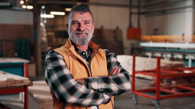 Carpentry, face or man in factory with arms crossed, tradesman or pride in manufacturing industry. Smile, portrait or mature artisan with confidence, craftsman or about us in woodworking profession.