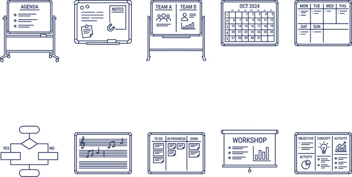 Vector outline icon set of office whiteboards and presentation boards featuring project agenda monthly calendar scrum kanban board flowchart and workshop charts