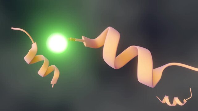 A 3d animation of protein ribbons float scatteredly in a dark void while an attached green biomarker orb continuously blinks and glows, casting light on the strands.