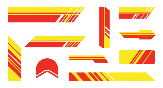 Red and yellow racing decals with geometric stripes and arrows