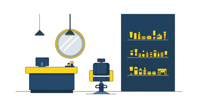 Modern barbershop interior with blue and yellow furniture