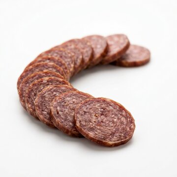 Delicious Sliced Salami Arranged in a Curve on a Pristine White Background.