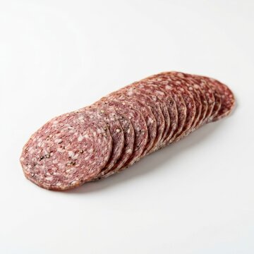 Delicious Sliced Salami Stacked Neatly on a White Background.