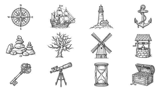Vintage hand drawn icons set featuring compass sailing ship lighthouse anchor stones tree windmill well key telescope hourglass and treasure chest