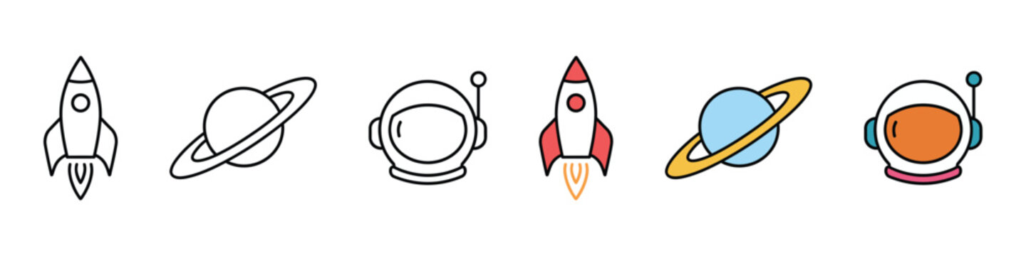 Space exploration icon set with astronomy science. Vector illustration of realistic rocket ship flat symbol, colorful line astronaut helmet saturn planet galaxy cosmos template on white background.