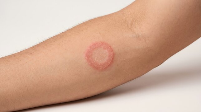 Close up of a ringworm infection on human skin showing a red circular rash