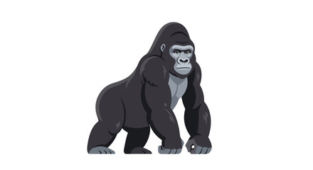 A clean, modern vector illustration of a powerful silverback gorilla in a standing pose. The gorilla is depicted in profile, facing forward, with detailed anatomy and grey fur. Isolated on white. © Hafiz