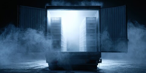 Fototapeta premium Refrigerated truck trailer with open doors at night, emitting cold fog or smoke, showcasing stacks of crates inside, industrial logistics and transport concept